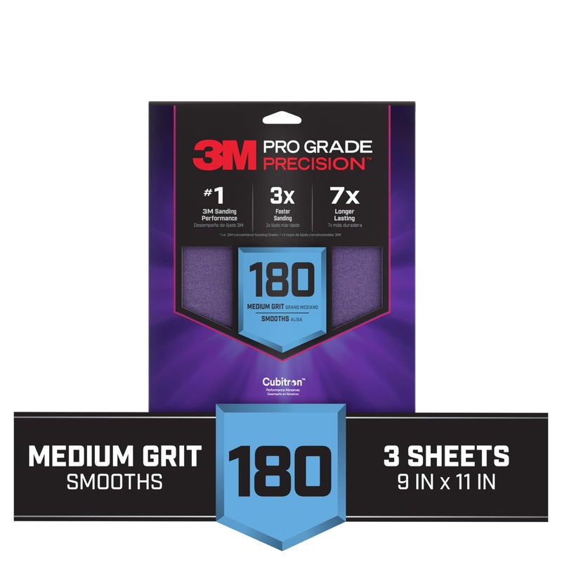 3M SHR180-PGP-3T Pro Grade Precision Faster Sanding, Sanding Sheets, 180-Grit Medium, 9"" x 11"", 3-Pack - Image 2